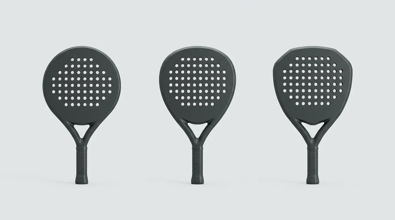 Drei Padel-Schlägerformen im Vergleich: rund, tropfenförmig und diamantförmig