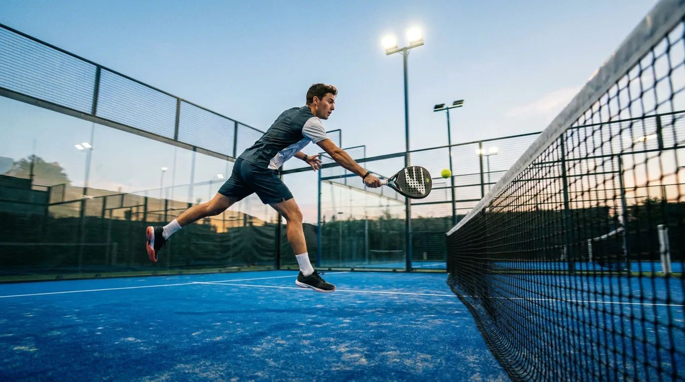 Padel-Spieler beim Smash am Netz unter Flutlicht