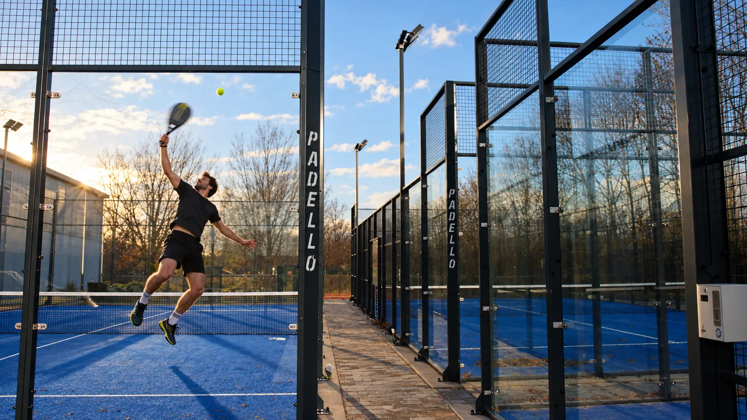 Padel-Spieler springt in der Abendsonne zum Smash